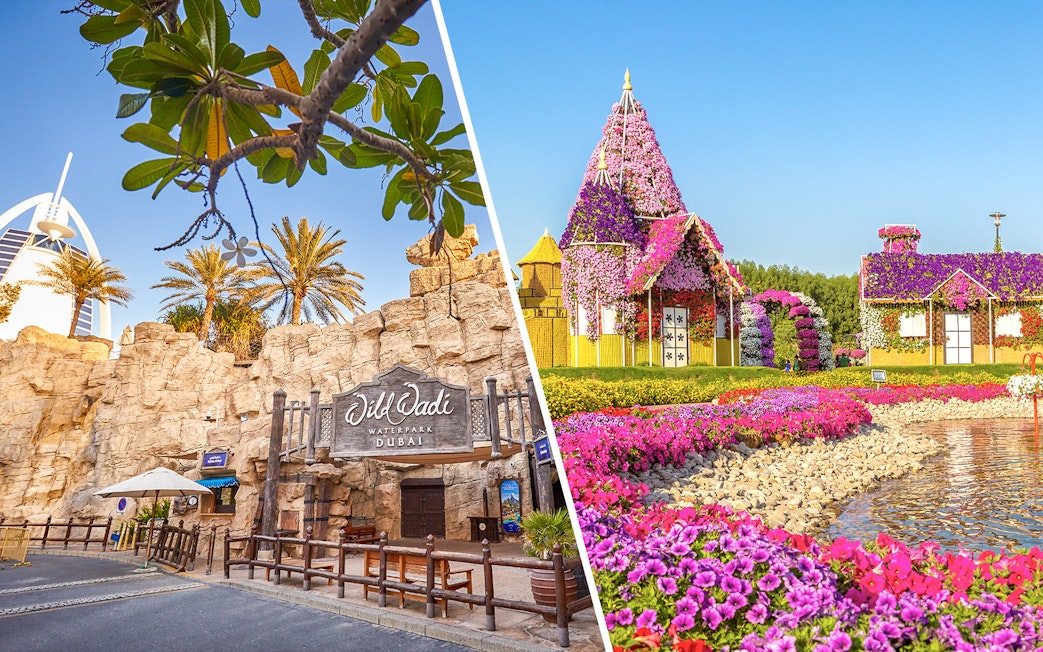 Wild Wadi Water Park entrance and floral structures at Dubai Miracle Garden.