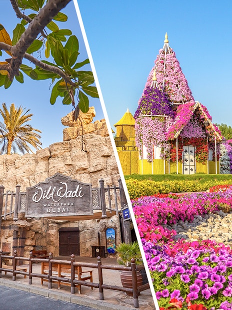 Wild Wadi Water Park entrance and floral structures at Dubai Miracle Garden.