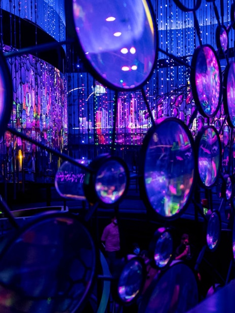 Visitors exploring a vibrant, futuristic exhibit at Expo City Dubai.