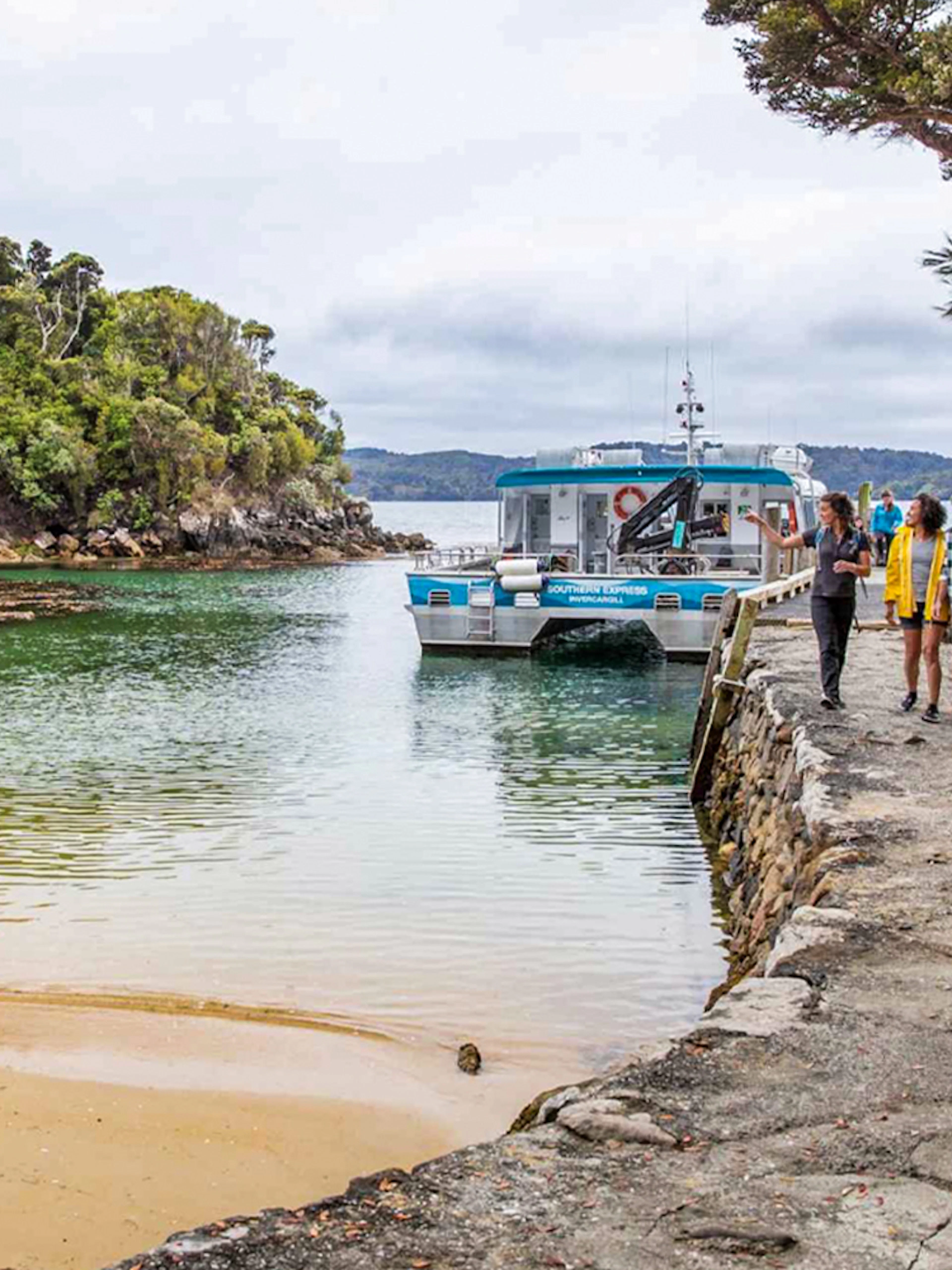Tourists disembarking from boat at Ulva Island, New Zealand, surrounded by lush greenery.