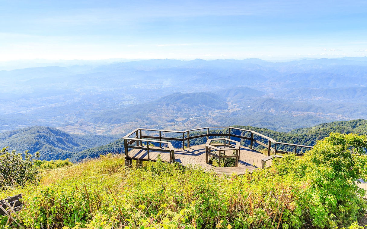 Scenery observation platform overlooking mountains at Kew Mae Pan, Doi Inthanon National Park, Chiang Mai.