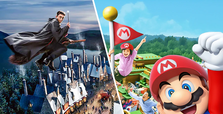Universal Studios Japan attractions featuring wizarding world and Mario-themed areas.