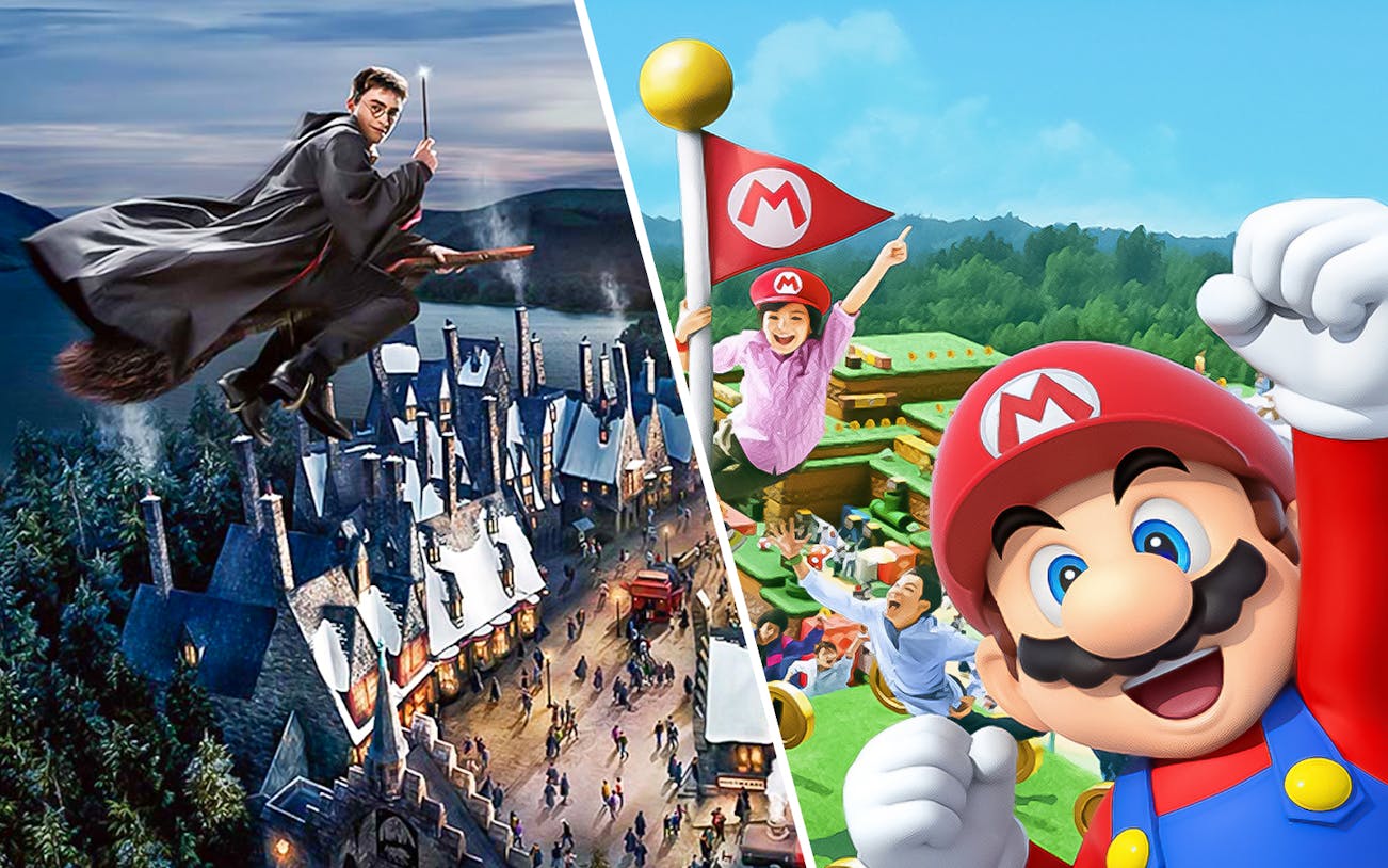 Universal Studios Japan attractions featuring wizarding world and Mario-themed areas.