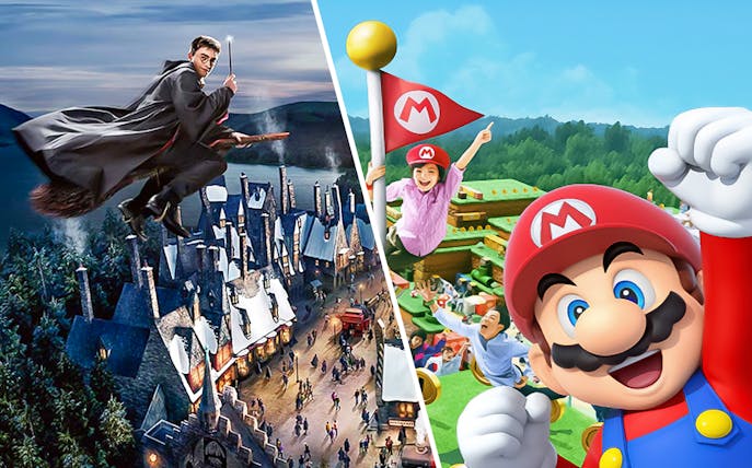Universal Studios Japan attractions featuring wizarding world and Mario-themed areas.