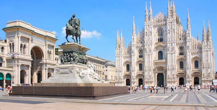 Duomo Milan Cathedral and equestrian statue in the plaza.
