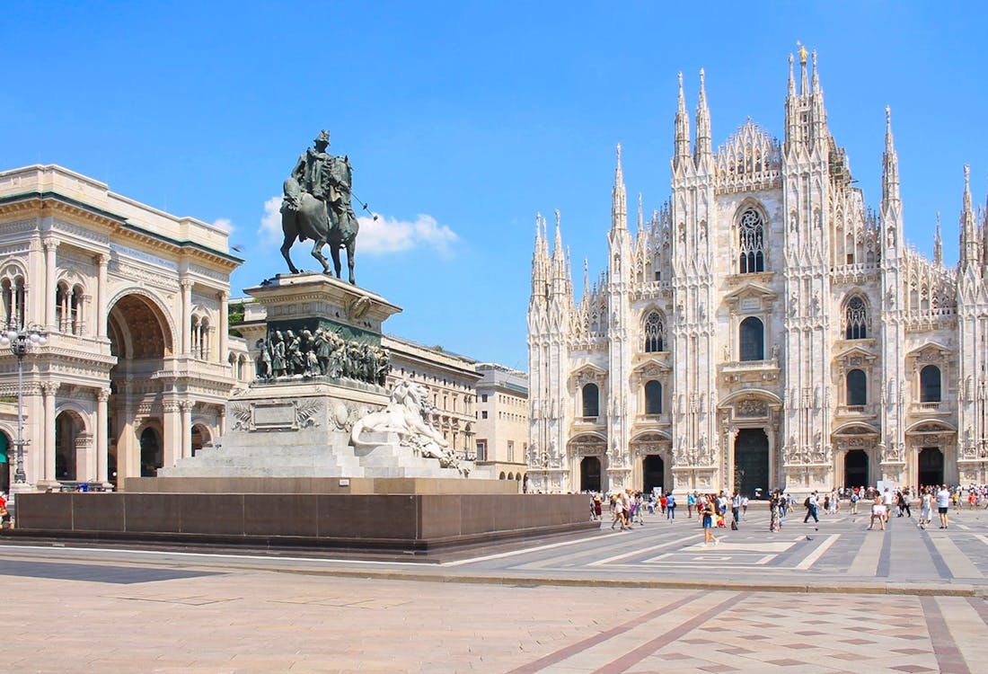 Duomo Milan Cathedral and equestrian statue in the plaza..