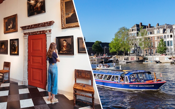 Visitor at Rembrandt House Museum and canal cruise boat on Amsterdam canal.