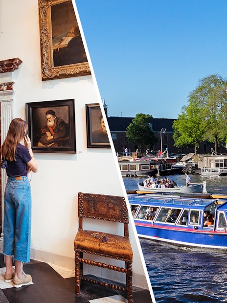 Visitor at Rembrandt House Museum and canal cruise boat on Amsterdam canal.
