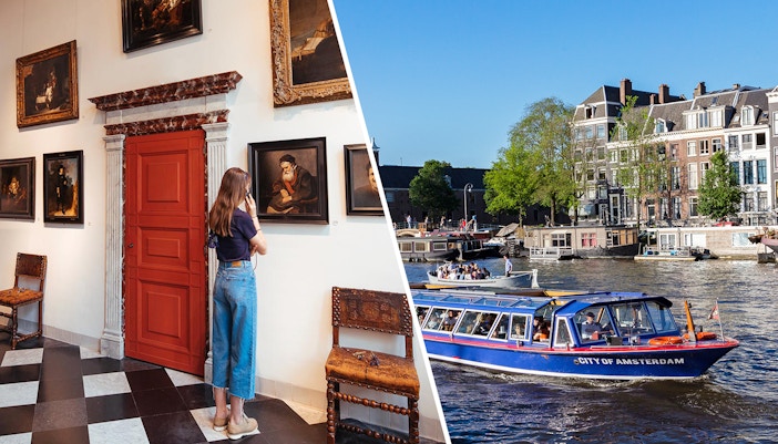 Rembrandt House Museum exterior with canal cruise boat in Amsterdam.