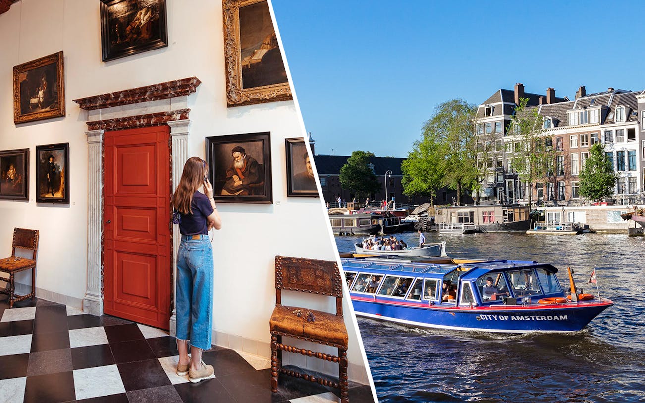 Visitor at Rembrandt House Museum and canal cruise boat on Amsterdam canal.