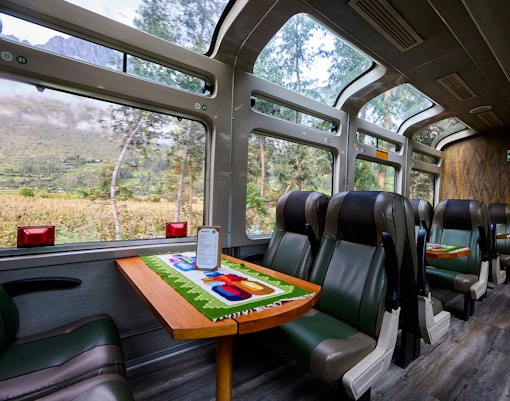 Interior of train to Machu Picchu with panoramic windows and scenic mountain views.
