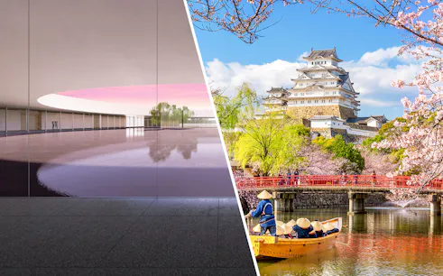 Osaka Expo pavilion interior and Osaka Castle with cherry blossoms and boat on the moat.