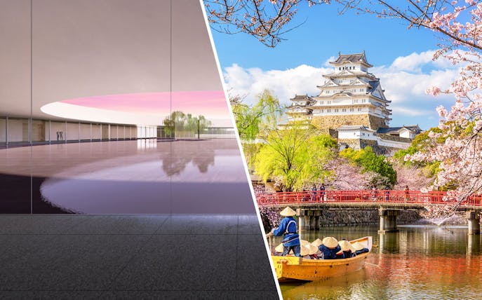 Osaka Expo pavilion interior and Osaka Castle with cherry blossoms and boat on the moat.