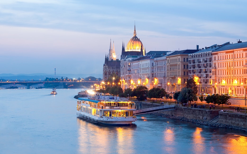 Silverline cruise on the Danube River with Budapest Parliament in the background on New Year's Eve.