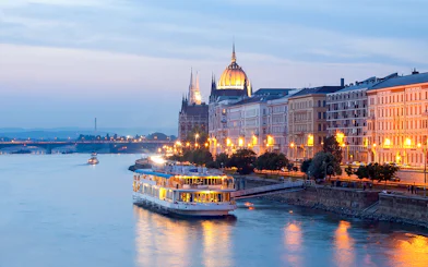 Silverline cruise on the Danube River with Budapest Parliament in the background on New Year's Eve.