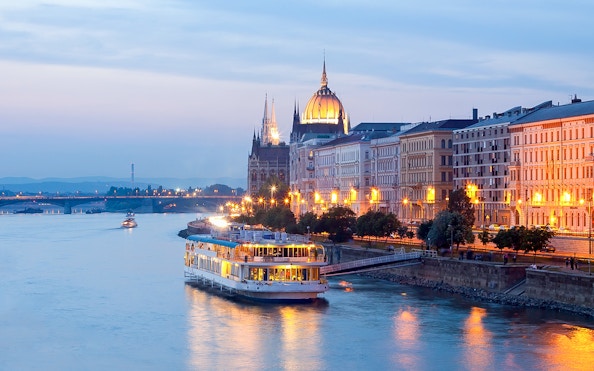 Silverline cruise on the Danube River with Budapest Parliament in the background on New Year's Eve.
