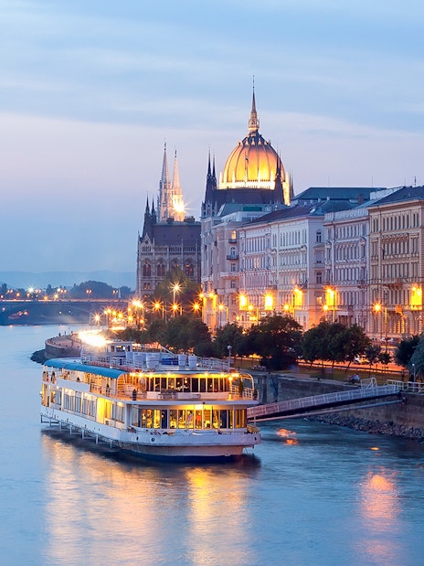 Silverline cruise on the Danube River with Budapest Parliament in the background on New Year's Eve.