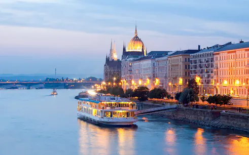 Silverline cruise on the Danube River with Budapest Parliament in the background on New Year's Eve.