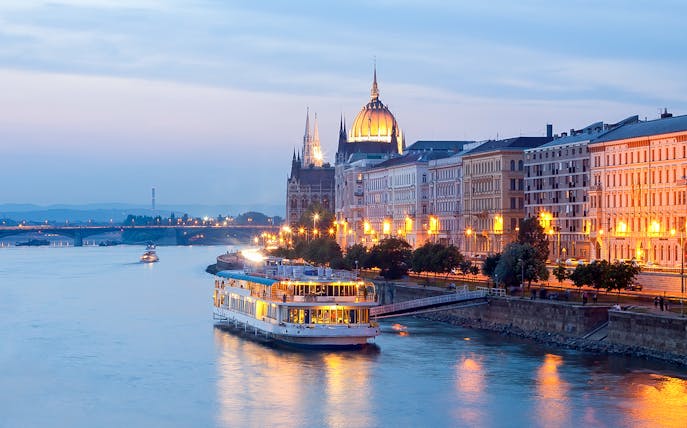 Silverline cruise on the Danube River with Budapest Parliament in the background on New Year's Eve.