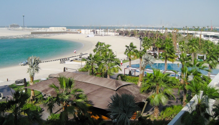 Bulgari Resort beach and pool area on Jumeira Bay Island, Dubai.