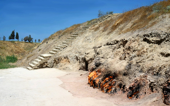 Yanar Dag natural gas fire burning on hillside, Absheron Peninsula near Baku, Azerbaijan.