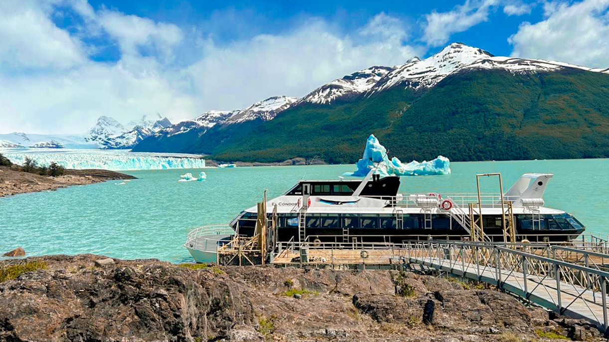 Cruise ship docked at Perito Moreno Glacier boarding point, Argentina.