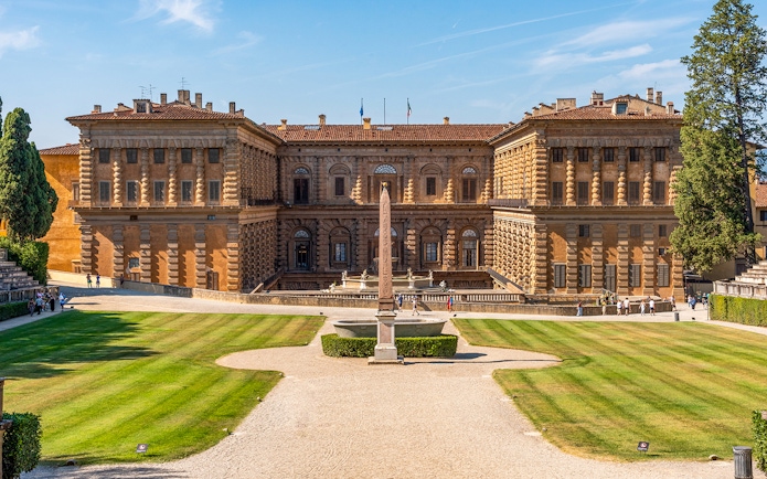 Palazzo Pitti facade and courtyard in Florence, Italy.