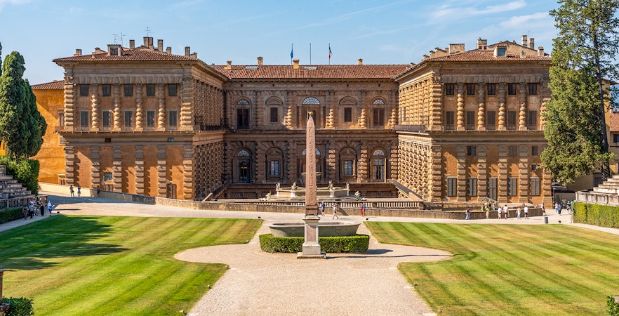 Palazzo Pitti facade and courtyard in Florence, Italy.