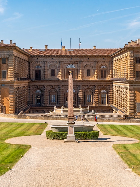 Palazzo Pitti facade and courtyard in Florence, Italy.