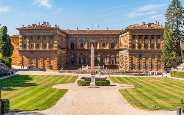 Palazzo Pitti facade and courtyard in Florence, Italy.