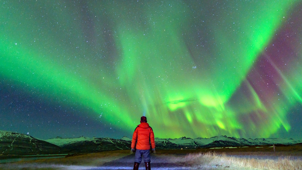 Tourist viewing Northern Lights over snowy landscape in Iceland.