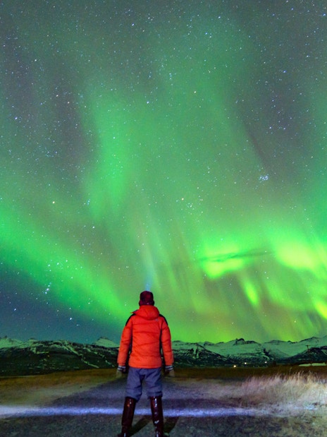 Tourist viewing Northern Lights over snowy landscape in Iceland.