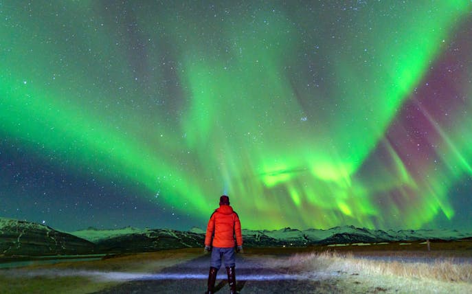 Tourist viewing Northern Lights over snowy landscape in Iceland.