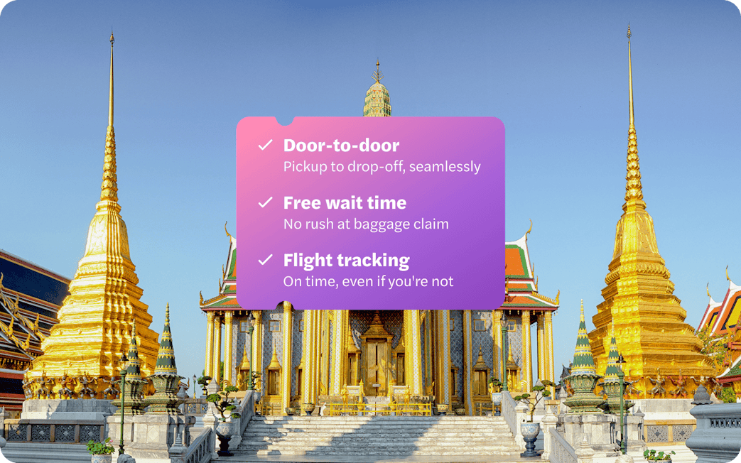 Bangkok Don Mueang Airport transfer service with Grand Palace backdrop.