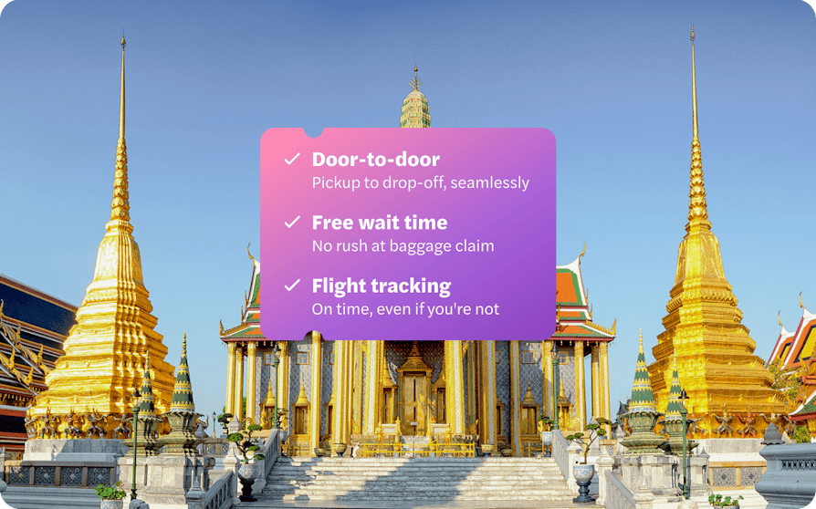 Bangkok Don Mueang Airport transfer service with Grand Palace backdrop.