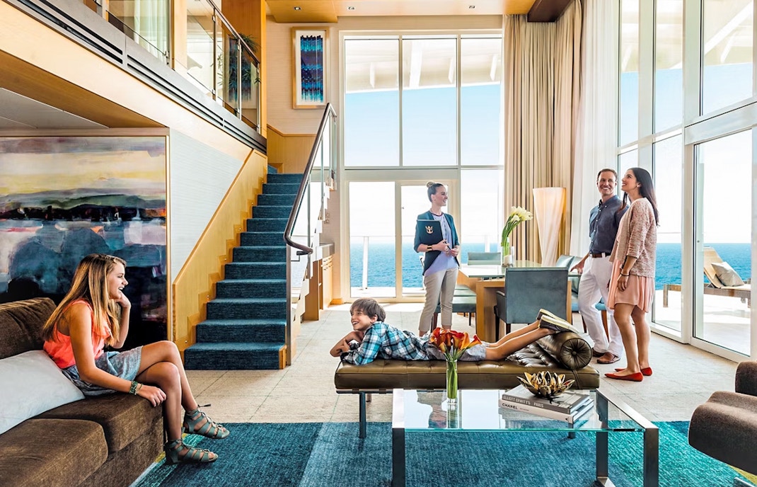 Cruise ship bedroom with large window view on Anthem of the Seas, Royal Caribbean, Singapore.