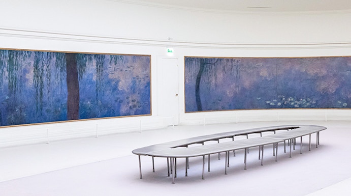 Claude Monet's water lilies displayed in Orangerie Museum, Paris, France.
