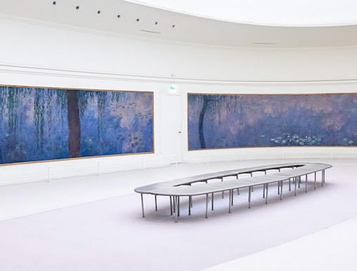 Claude Monet's water lilies displayed in Orangerie Museum, Paris, France.