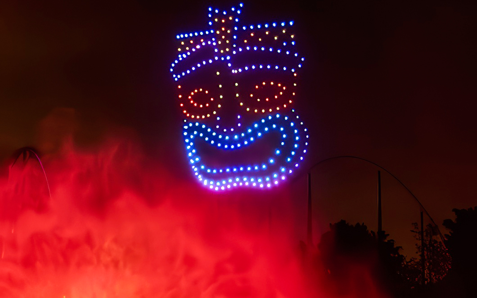 Drone light show forming a face at PortAventura.