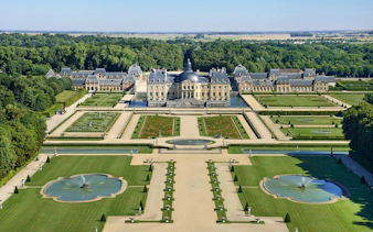 Aerial view of Château de Vaux-le-Vicomte and formal gardens in France.