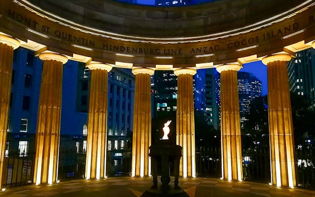 Eternal Flame at Brisbane's Anzac Square Memorial at night.