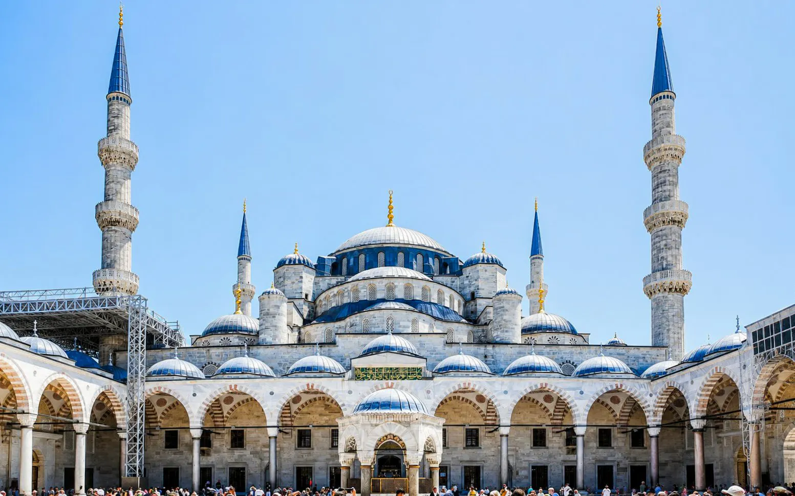 Blue Mosque courtyard with domes and minarets, Istanbul.