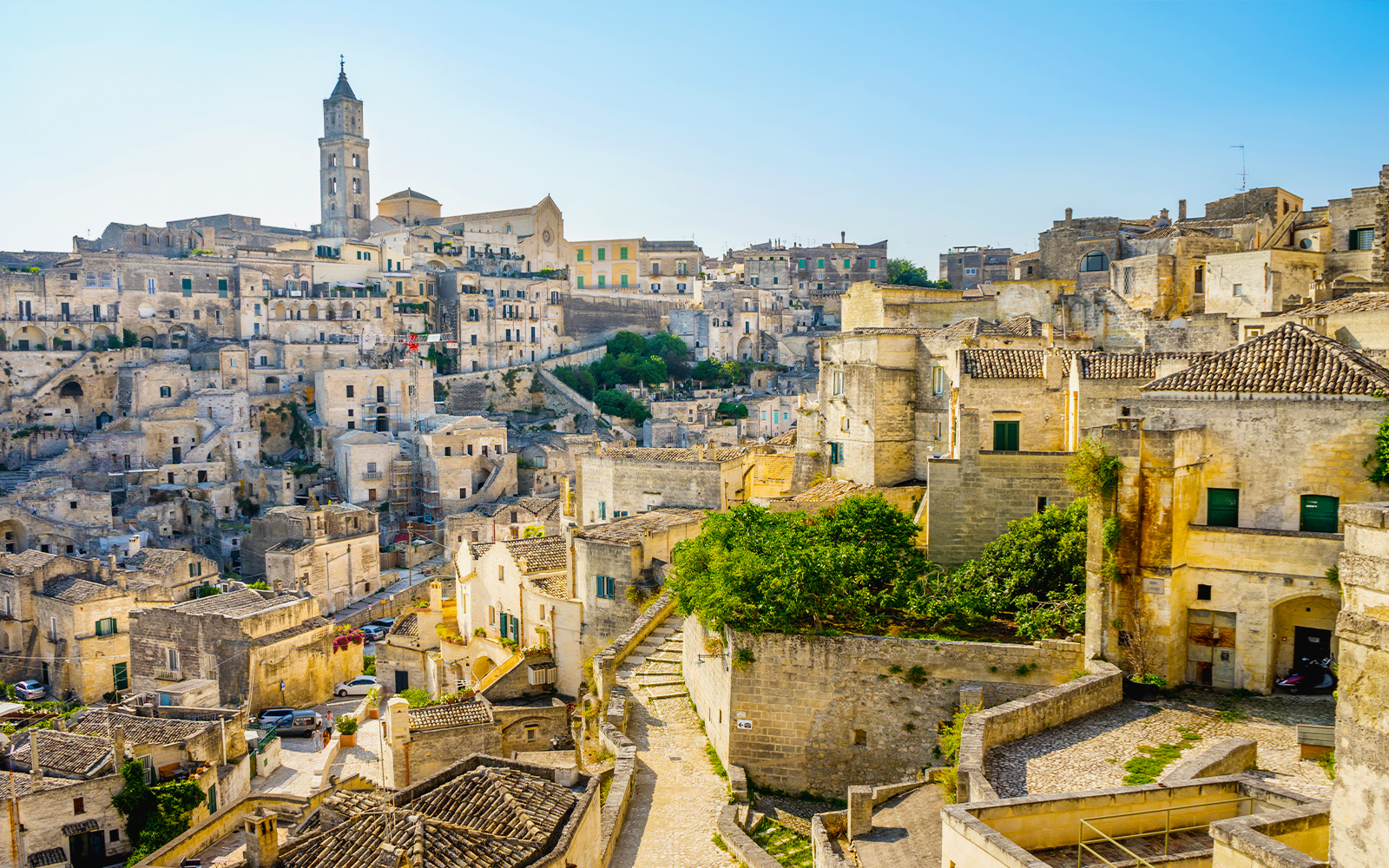 Old town of Matera with stone buildings and narrow winding streets.