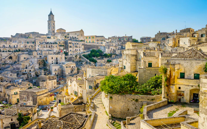 Old town of Matera with stone buildings and narrow winding streets.