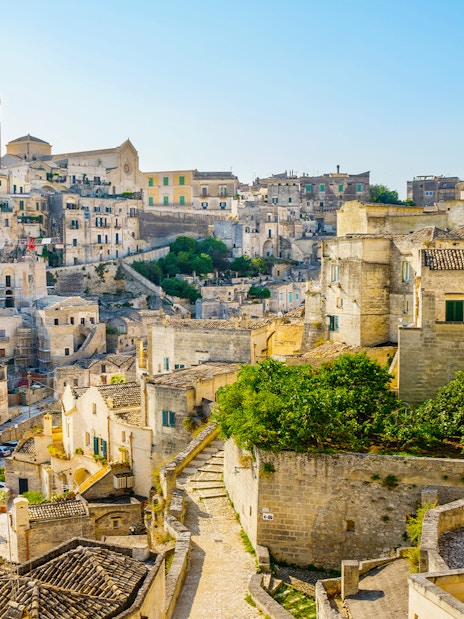 Old town of Matera with stone buildings and narrow winding streets.