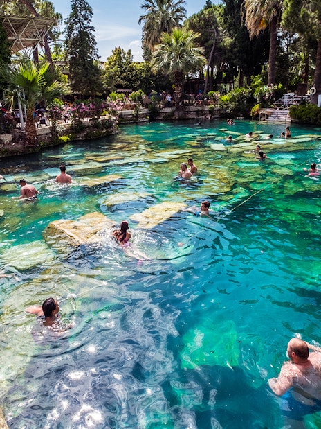 Visitors swimming in the thermal pools of Pamukkale, surrounded by lush greenery.