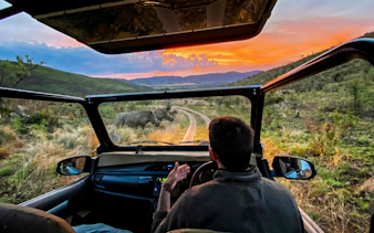 Safari vehicle approaching rhinos at sunset in Pilanesberg National Park.