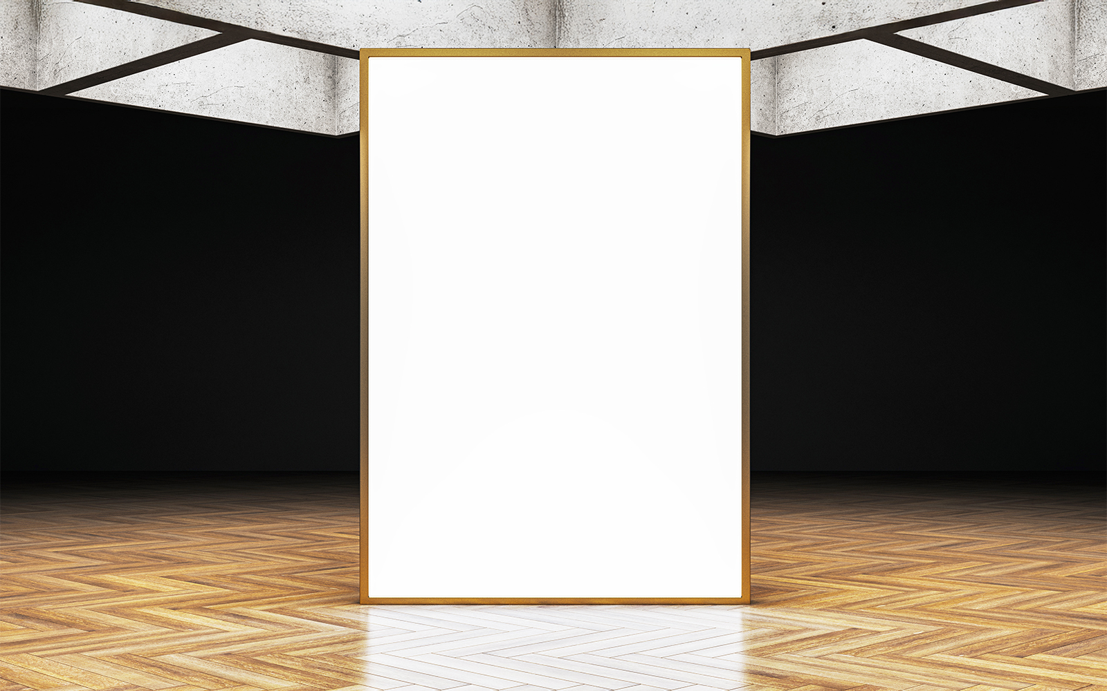 Modern exhibition room with blank white screen for interactive displays.