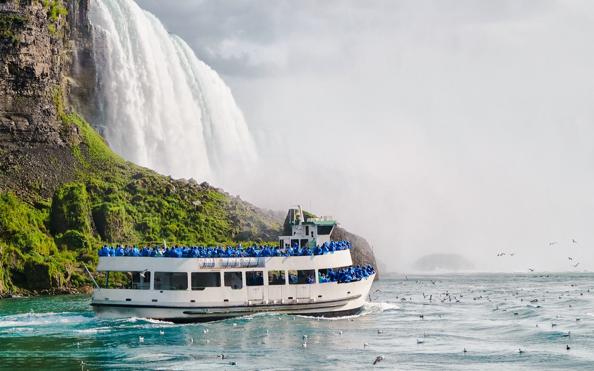 Tourists on a boat near the base of Niagara Falls, surrounded by mist and birds.