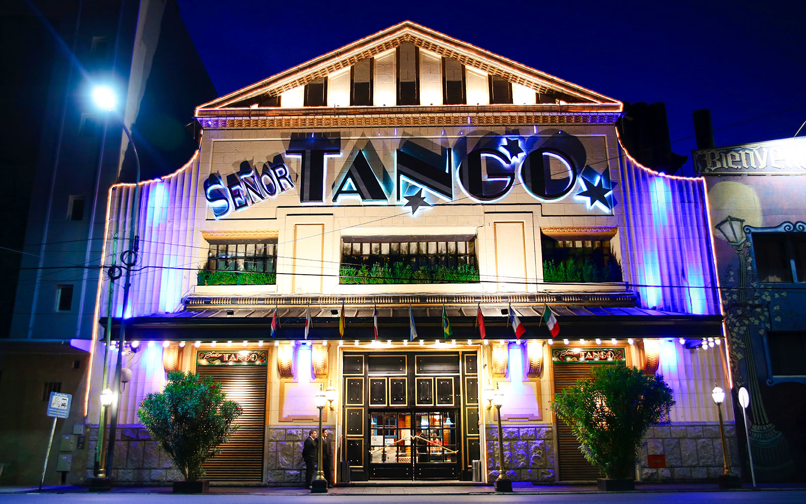 Señor Tango Show entrance illuminated at night, Buenos Aires.